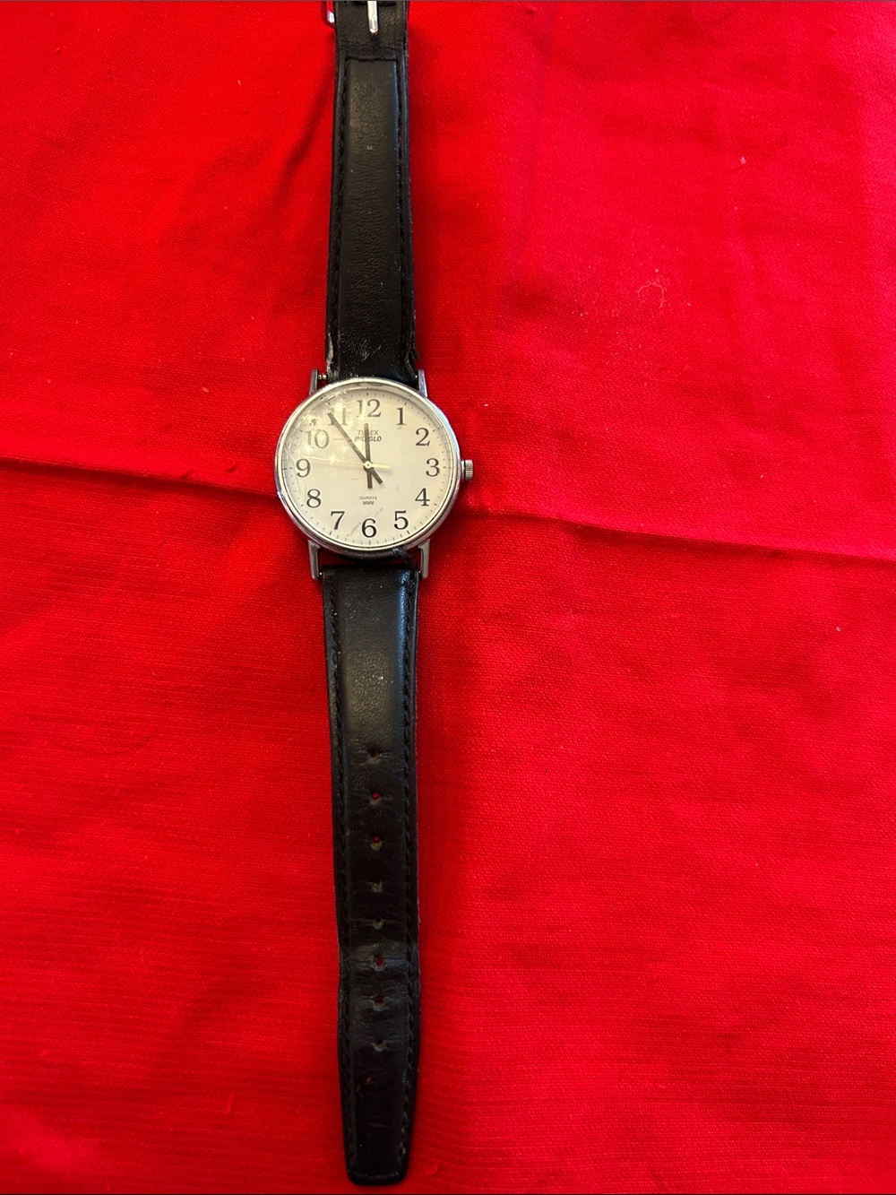 Timex Black Leather Strap Watch with White Dial